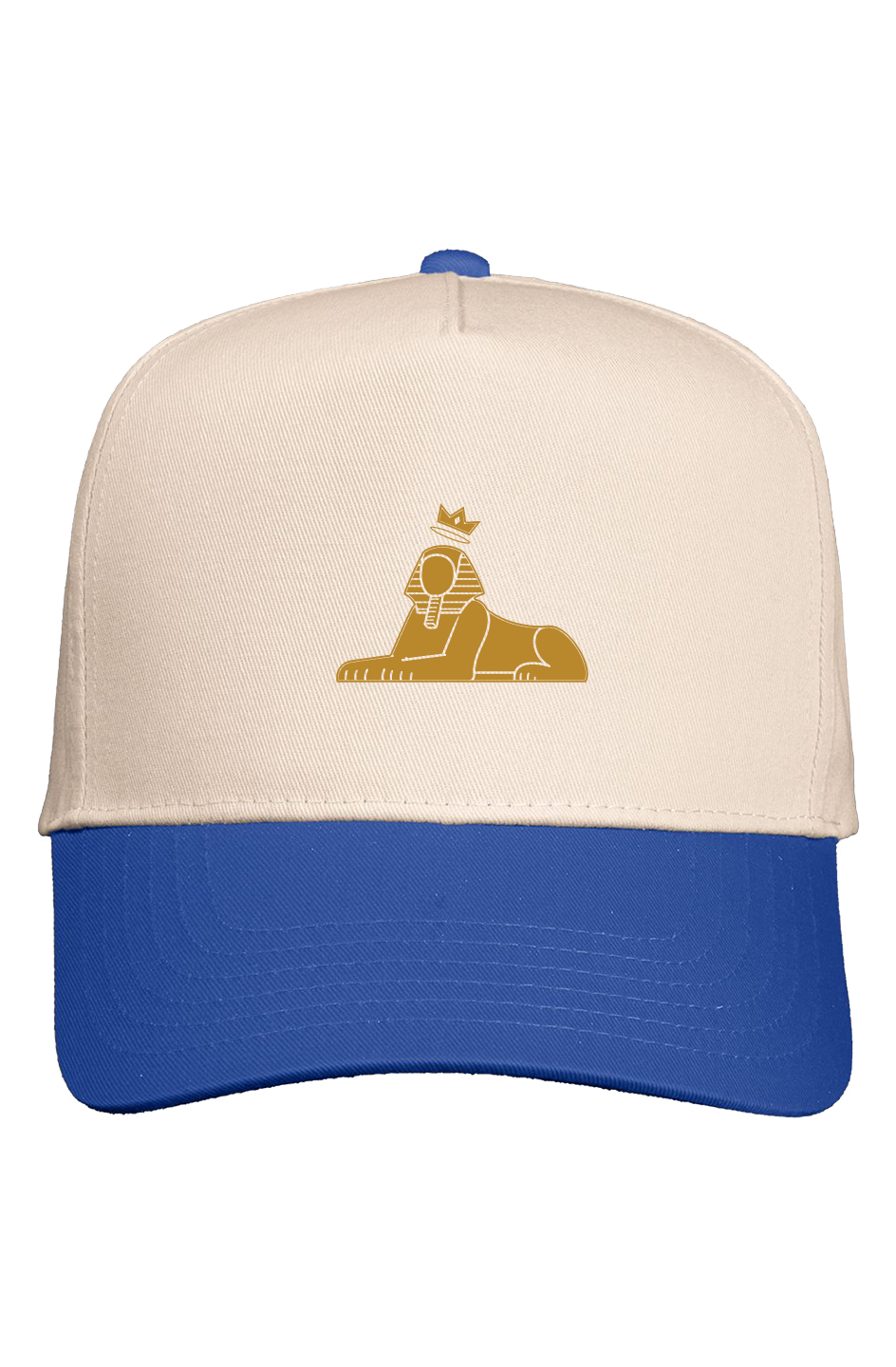BLACK MAJIC Crown Five-Panel Cap, natural crown with a royal blue brim, gold embroidered crowned Sphinx