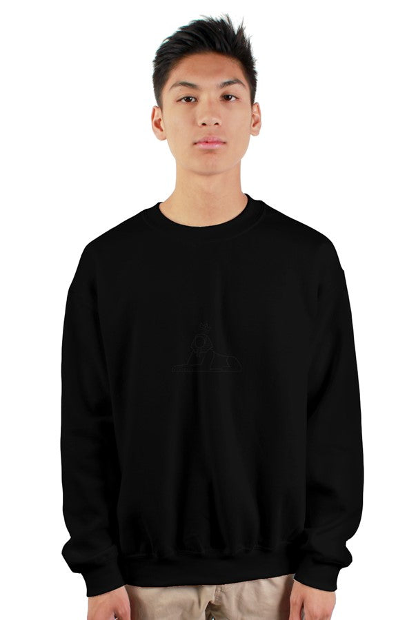 Model wearing the BLACK MAJIC black-on-black embroidered crewneck
