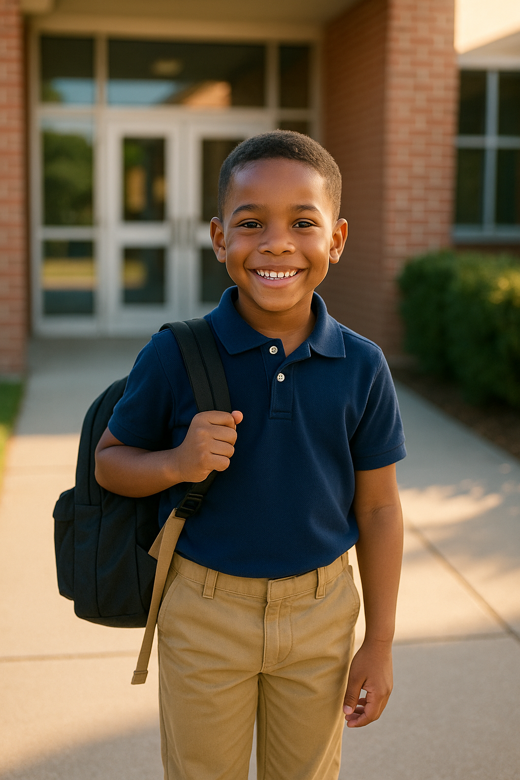 Boy in navy BLACK MAJIC school uniform polo on the first day of school