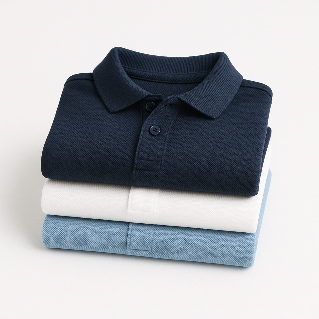 Kids school uniform polo 3-pack — stack of three folded pique polos