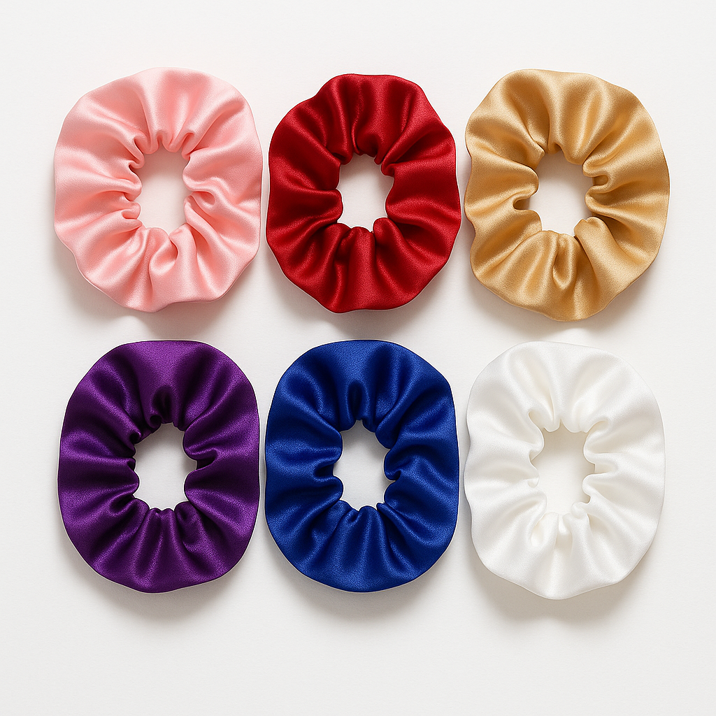 Girls scrunchie 6-pack — Color Pop: pink, red, gold, purple, royal blue, white satin scrunchies
