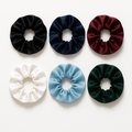 Girls scrunchie 6-pack — School Colors: black, navy, burgundy, white, light blue, hunter green satin scrunchies