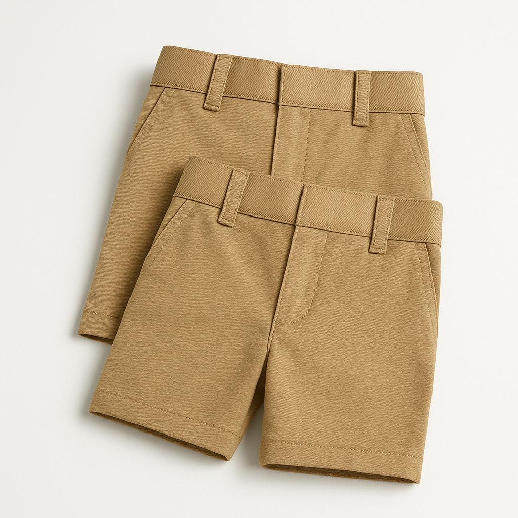 Stack of two folded khaki kids school uniform pants