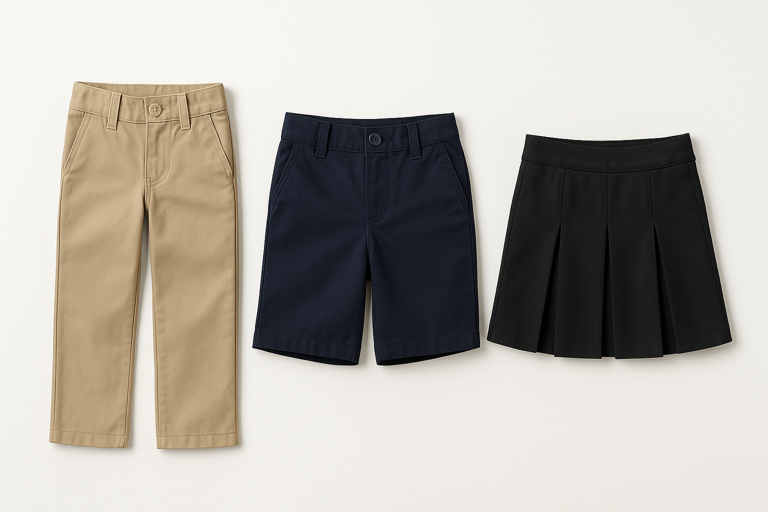 Kids school uniform bottoms 2-pack — khaki pants, navy shorts, black pleated skort