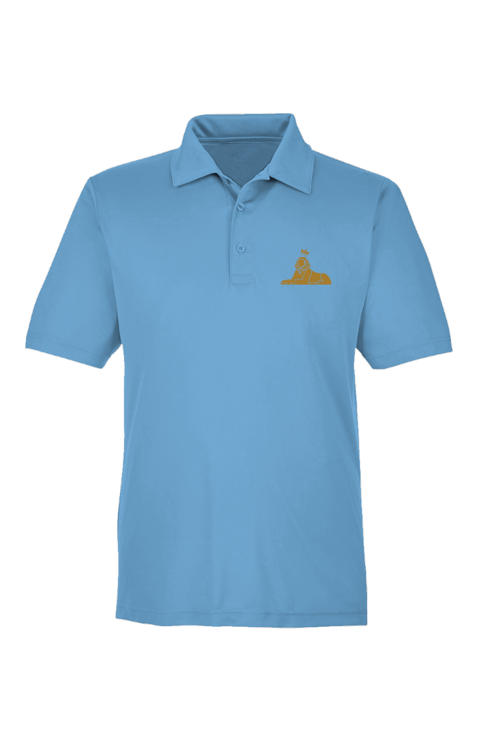 BLACK MAJIC Adult Crown Polo in Sport Light Blue, gold embroidered crowned Sphinx at the left chest