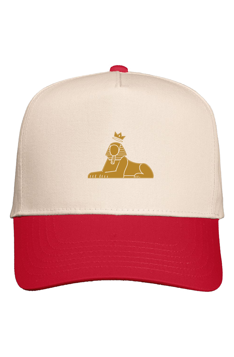 BLACK MAJIC Crown Five-Panel Cap, natural crown with a red brim, gold embroidered crowned Sphinx