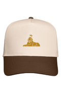 BLACK MAJIC Crown Five-Panel Cap, natural crown with a brown brim, gold embroidered crowned Sphinx