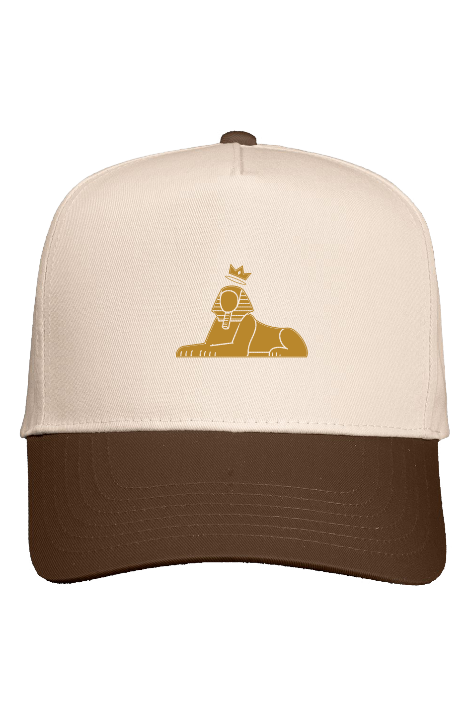 BLACK MAJIC Crown Five-Panel Cap, natural crown with a brown brim, gold embroidered crowned Sphinx