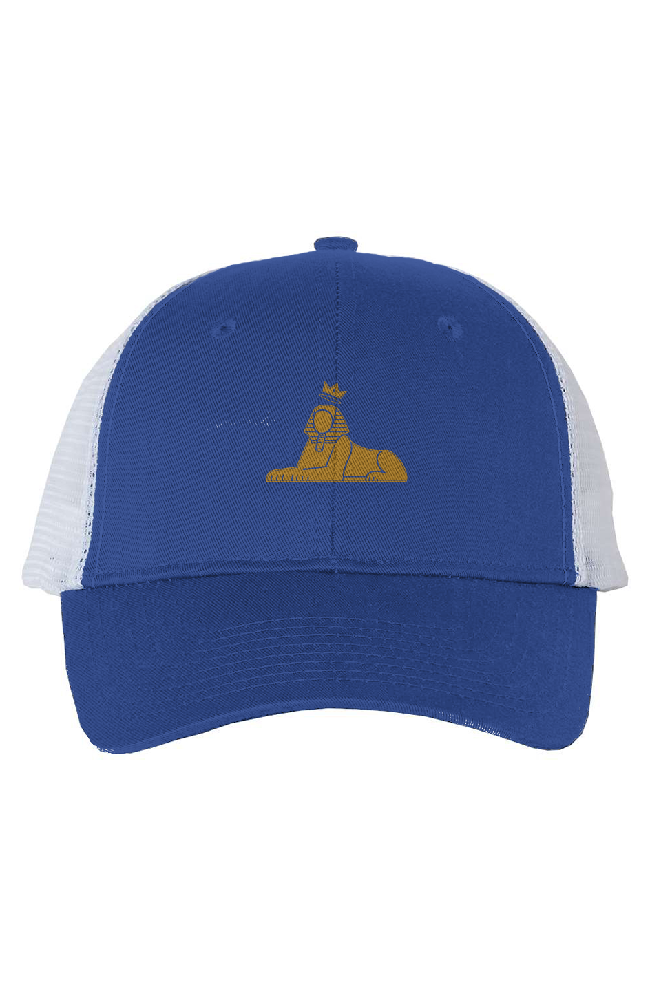 BLACK MAJIC Crown Trucker Cap in royal blue with white mesh back, gold embroidered crowned Sphinx