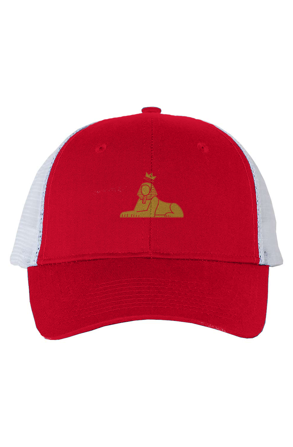 BLACK MAJIC Crown Trucker Cap in red with white mesh back, gold embroidered crowned Sphinx
