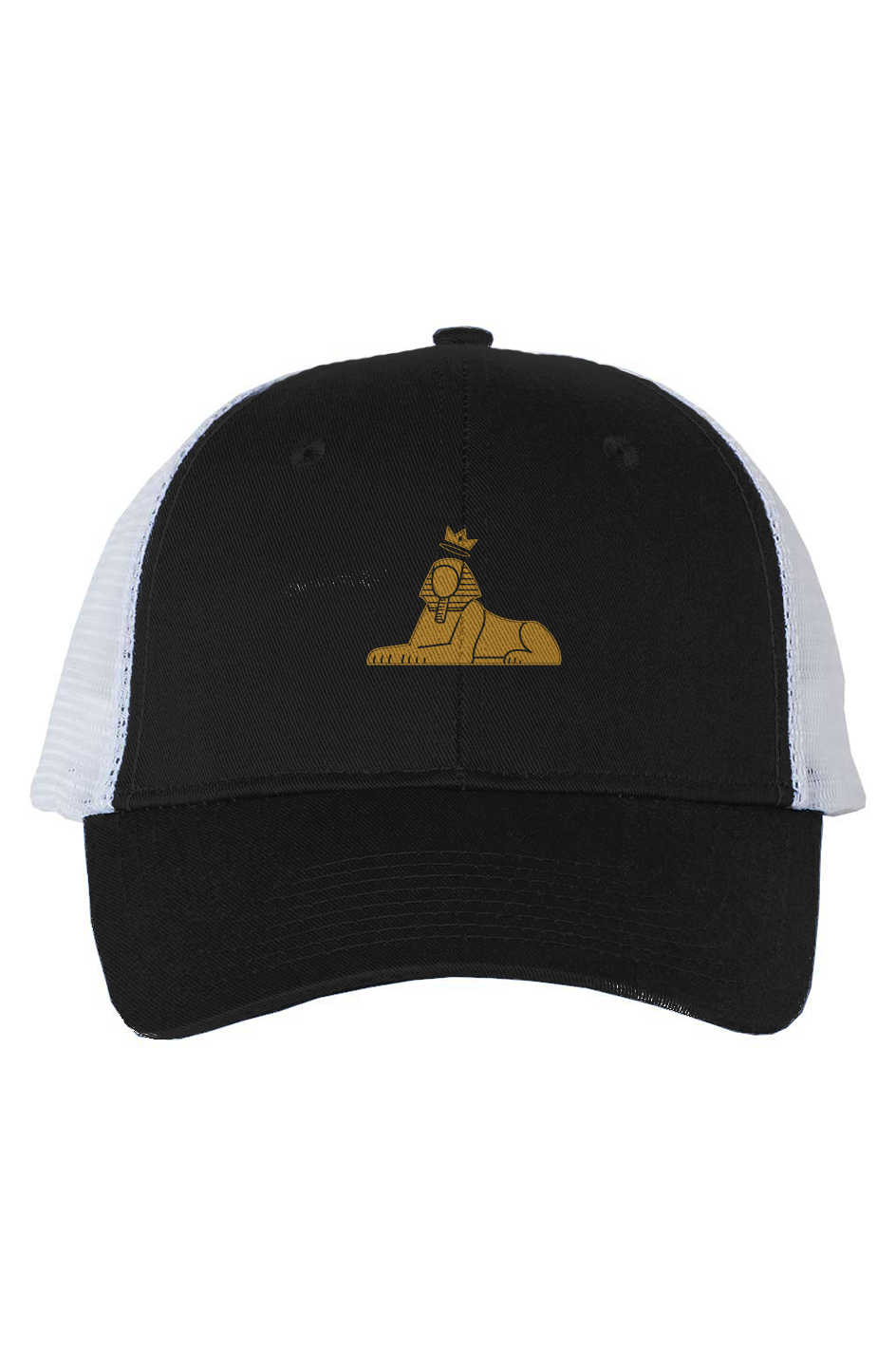 BLACK MAJIC Crown Trucker Cap in black with white mesh back, gold embroidered crowned Sphinx