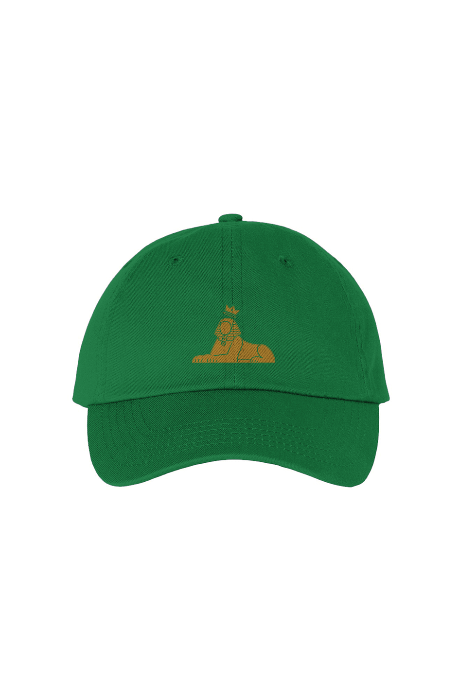 BLACK MAJIC Crown Dad Cap in kelly green, gold embroidered crowned Sphinx on the front panel
