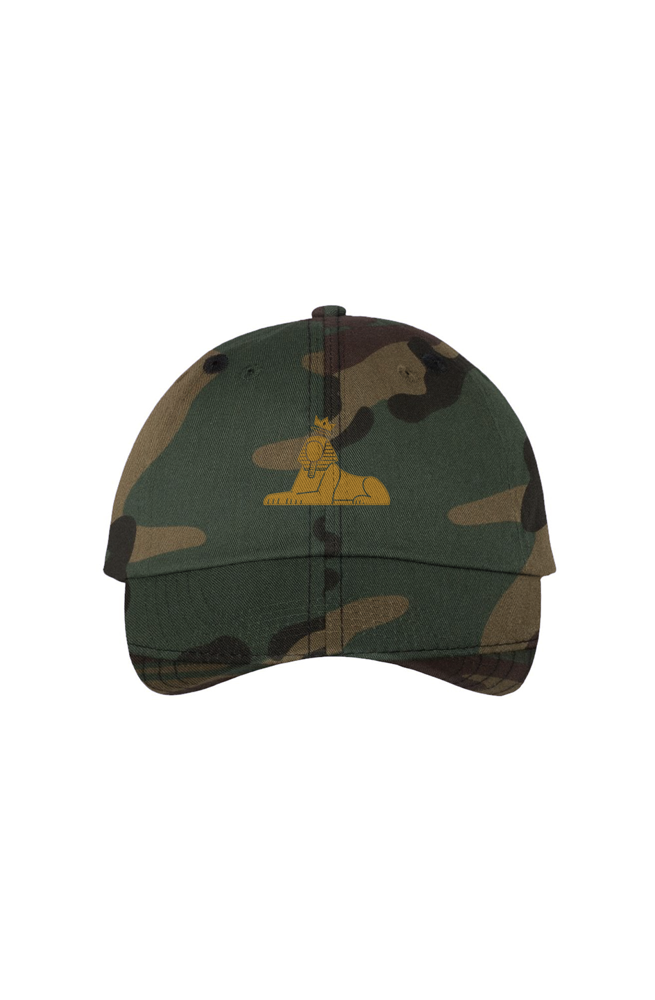 BLACK MAJIC Crown Dad Cap in green camo, gold embroidered crowned Sphinx on the front panel
