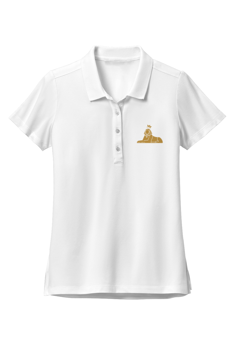 BLACK MAJIC Women's Crown Polo in White, gold embroidered crowned Sphinx at the left chest