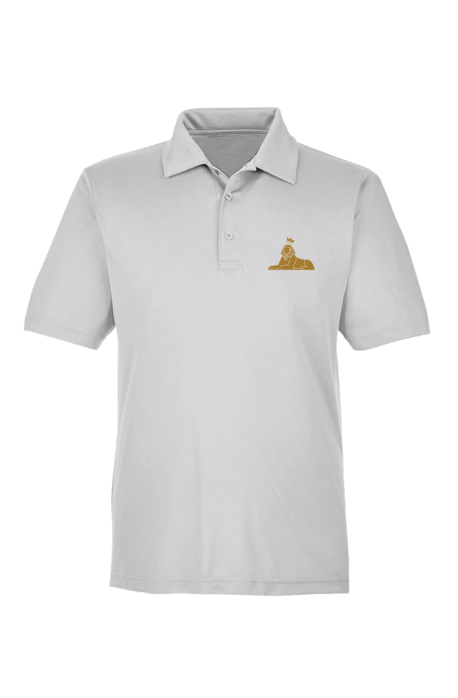 BLACK MAJIC Adult Crown Polo in White, gold embroidered crowned Sphinx at the left chest