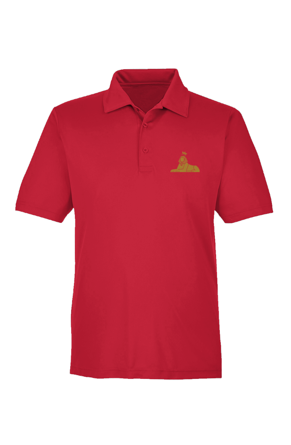 BLACK MAJIC Adult Crown Polo in Sport Red, gold embroidered crowned Sphinx at the left chest