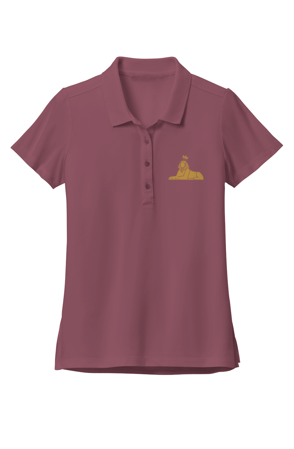 BLACK MAJIC Women's Crown Polo in Rosewood, gold embroidered crowned Sphinx at the left chest