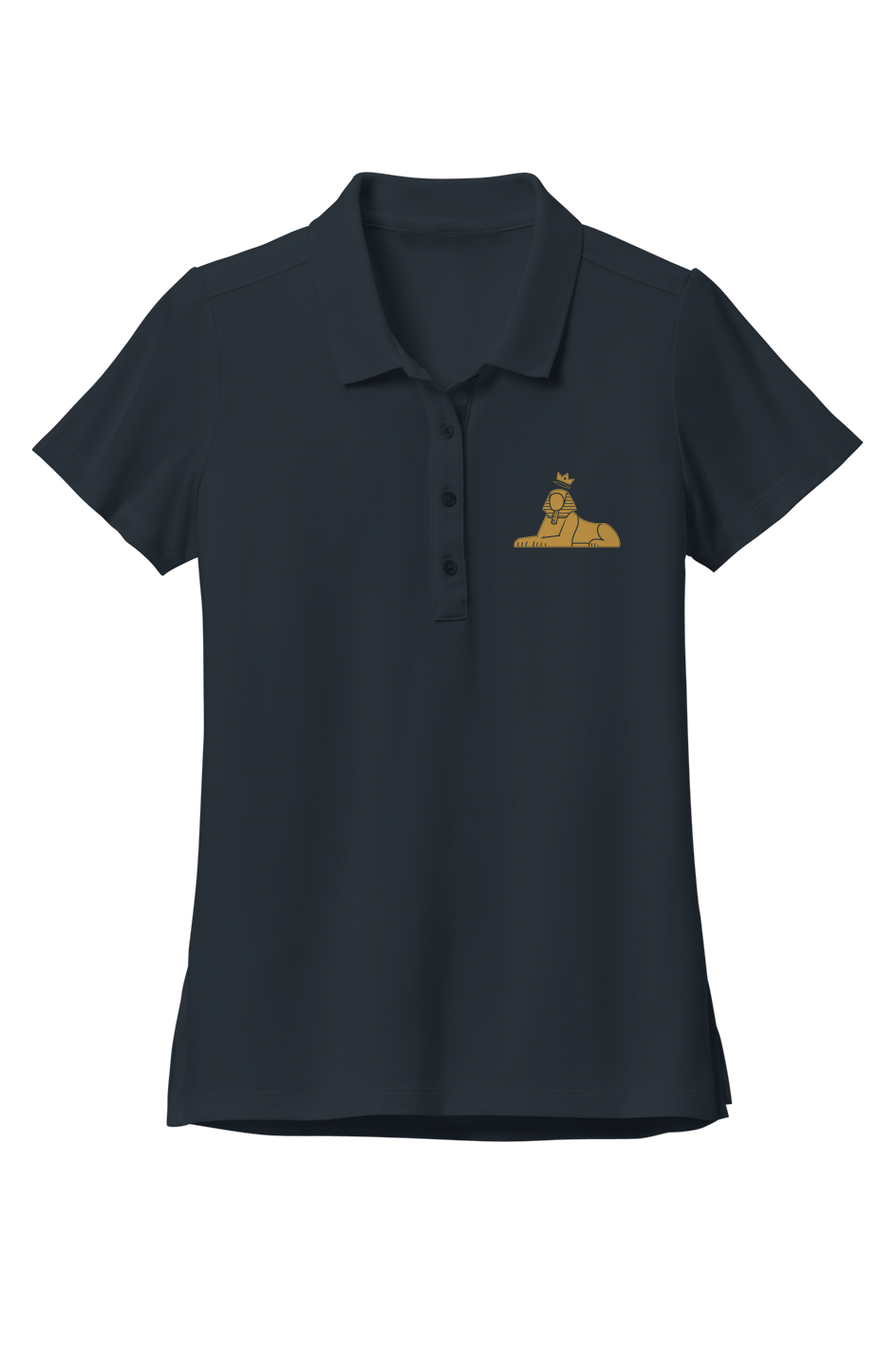 BLACK MAJIC Women's Crown Polo in Night Navy, gold embroidered crowned Sphinx at the left chest
