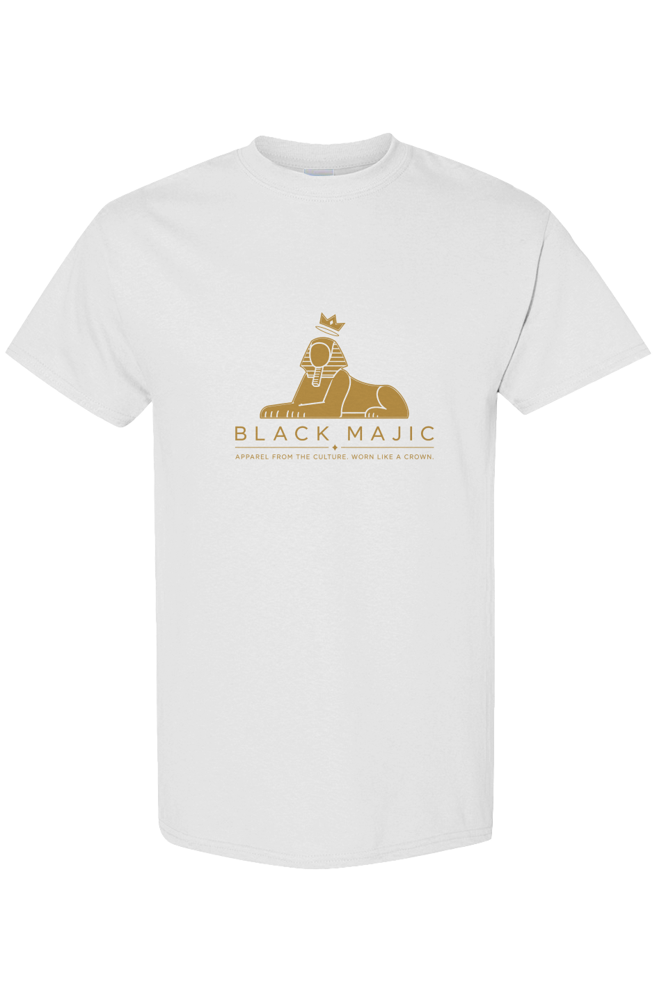 BLACK MAJIC Crown Graphic Tee in white, filled gold crowned Sphinx over the wordmark, front view