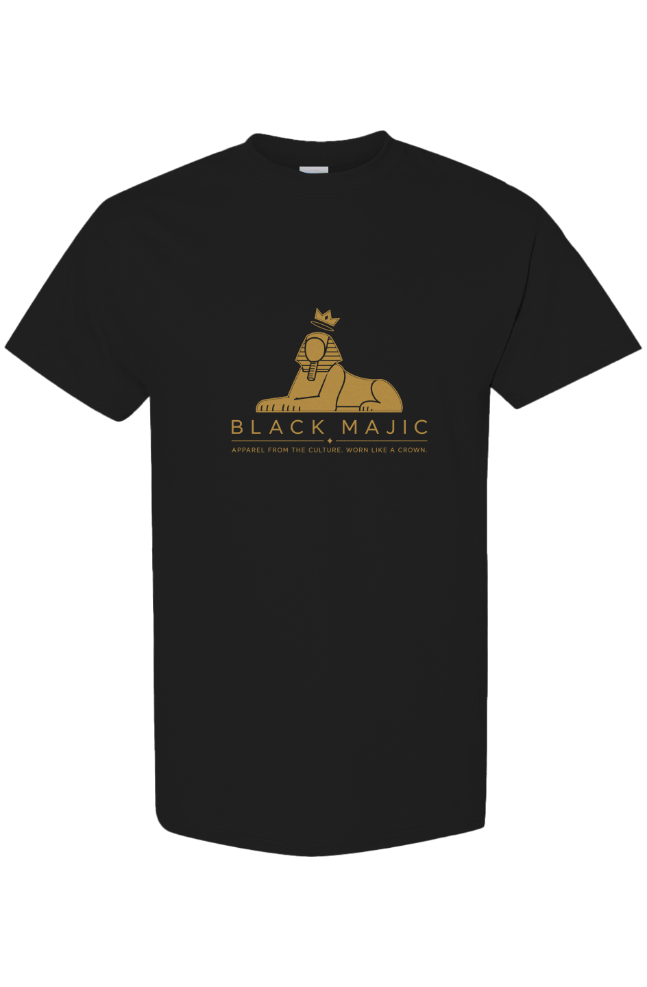 BLACK MAJIC Crown Graphic Tee in black, filled gold crowned Sphinx over the wordmark, front view