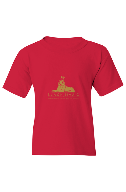 BLACK MAJIC Kids Crown Graphic Tee in red, gold crowned Sphinx over the wordmark, front view