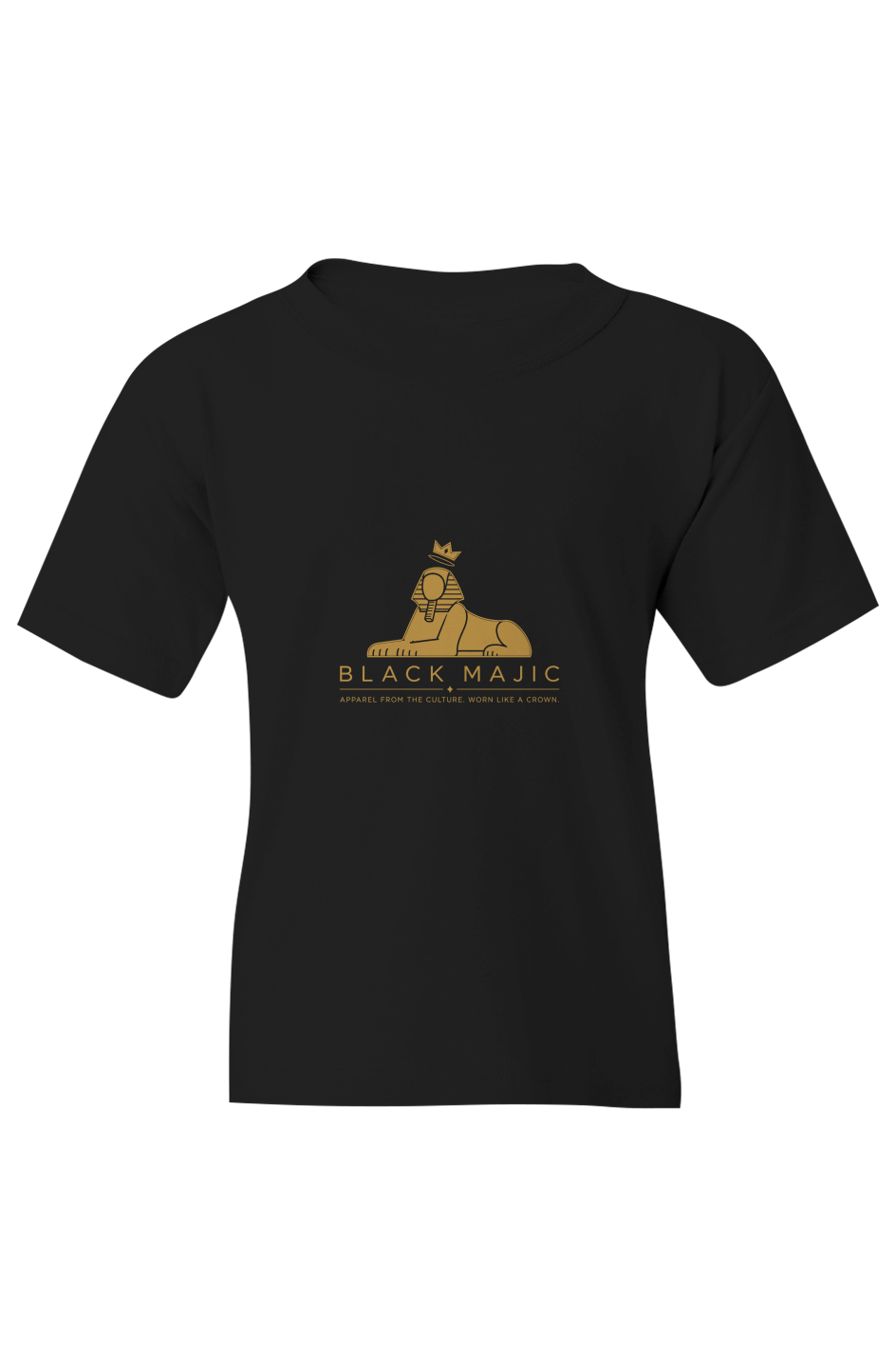 BLACK MAJIC Kids Crown Graphic Tee in black, gold crowned Sphinx over the wordmark, front view