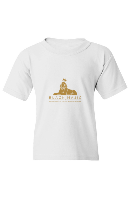 BLACK MAJIC Kids Crown Graphic Tee in white, gold crowned Sphinx over the wordmark, front view