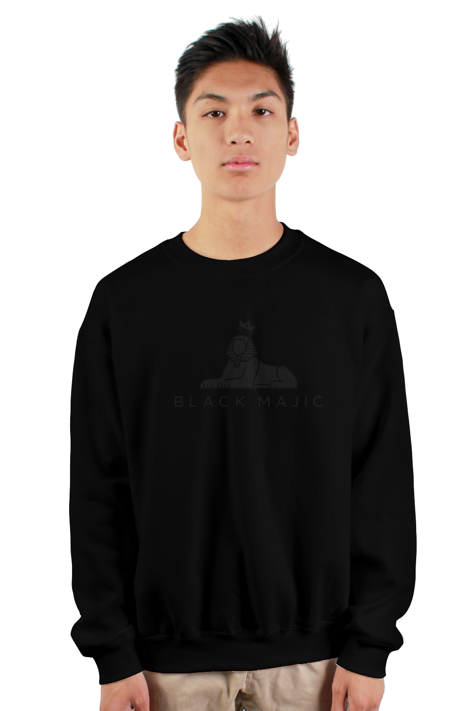 BLACK MAJIC Crown Crewneck Stitched Exclusive — 10 inch crowned Sphinx stitched black on black fleece, worn