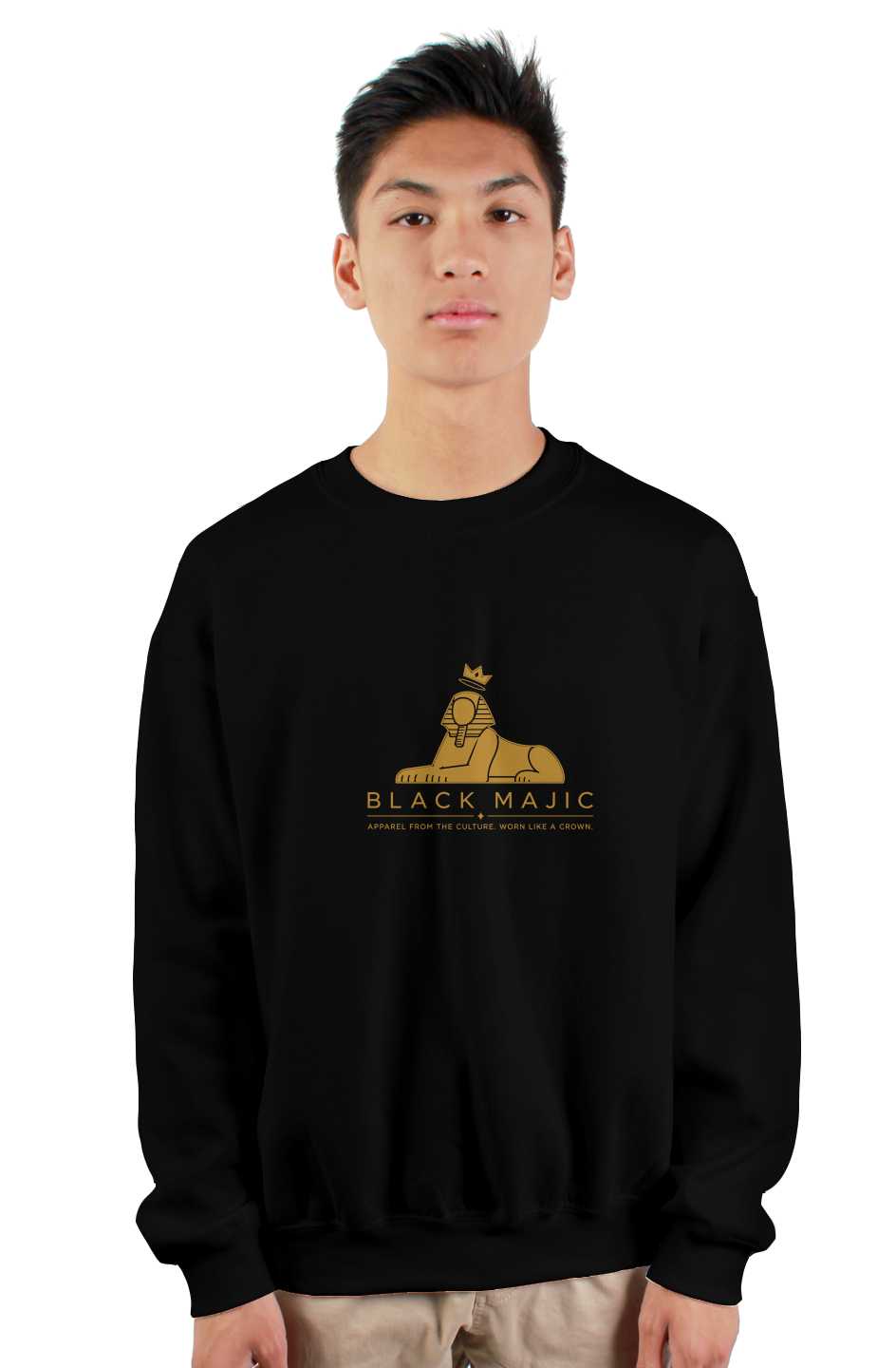 BLACK MAJIC Crown Crewneck Everyday in black — gold crowned Sphinx, wordmark and tagline, worn