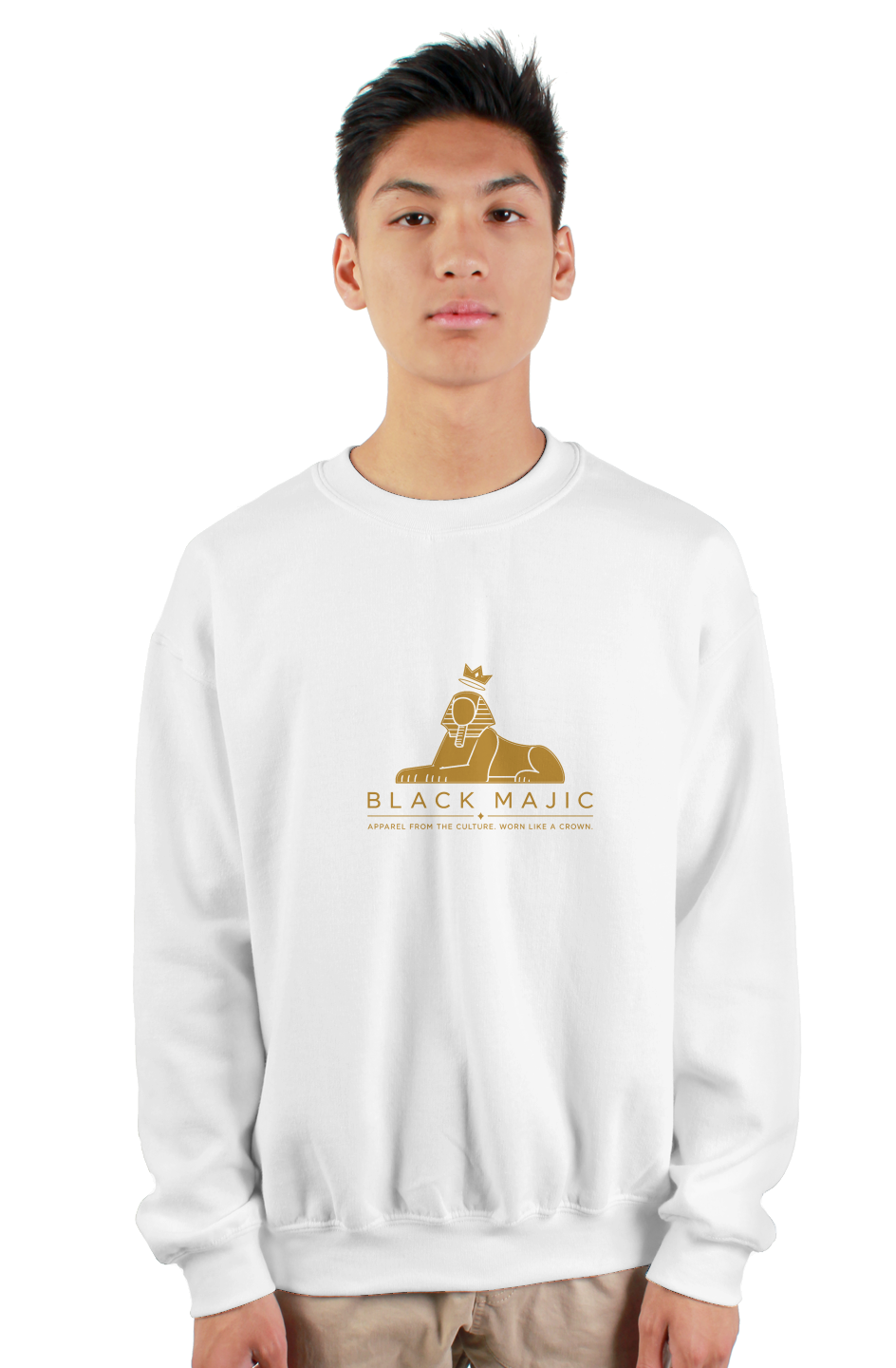 BLACK MAJIC Crown Crewneck Everyday in white — gold crowned Sphinx, wordmark and tagline, worn