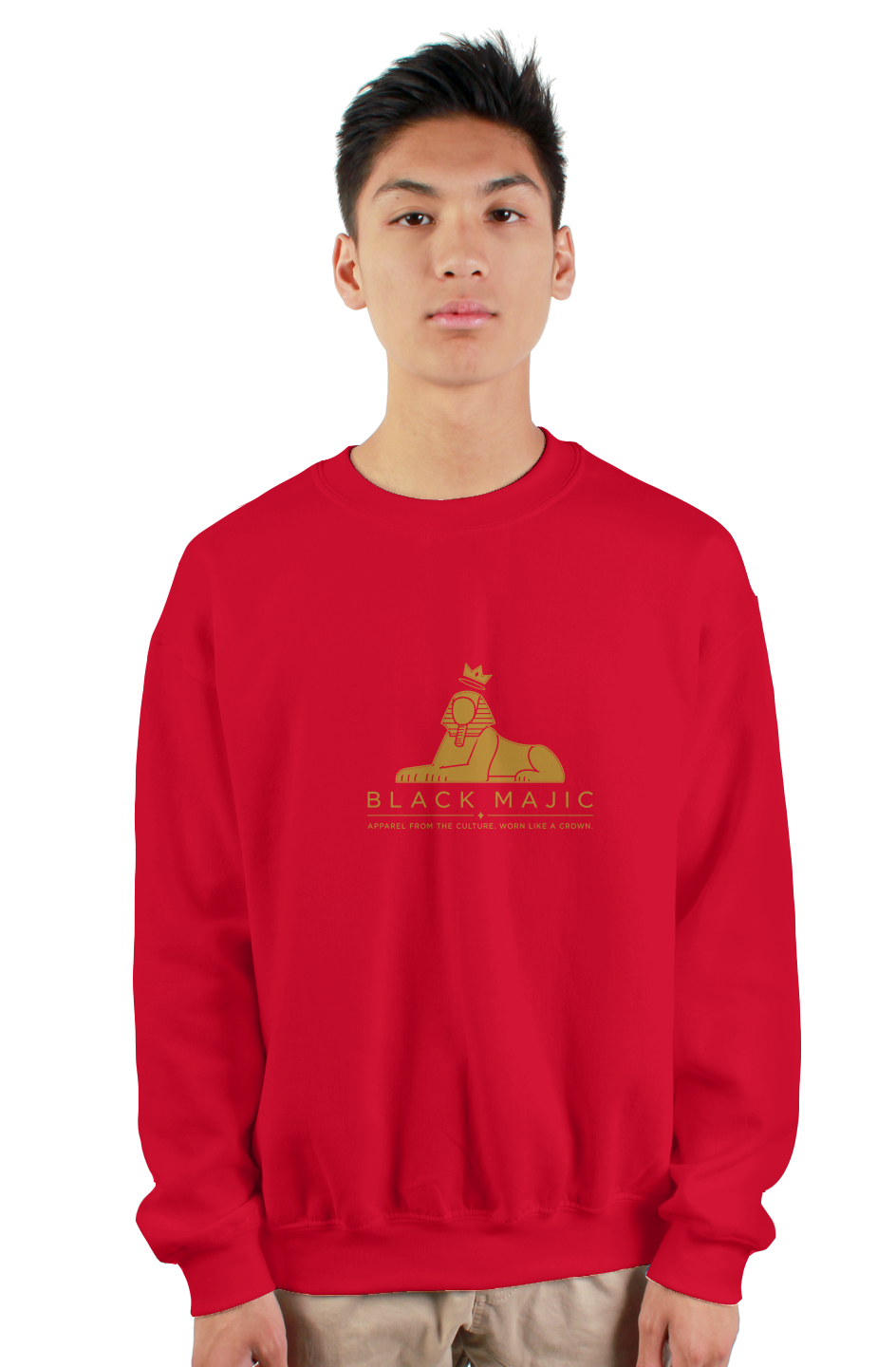 BLACK MAJIC Crown Crewneck Everyday in red — gold crowned Sphinx, wordmark and tagline, worn