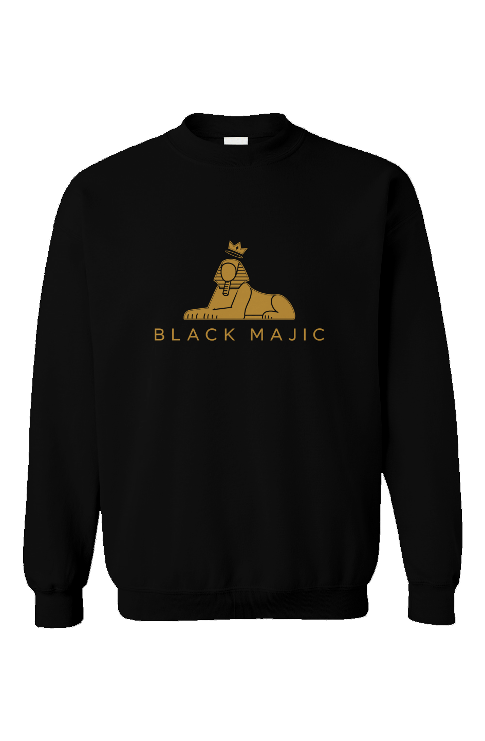 BLACK MAJIC Crown Crewneck in black — filled gold crowned Sphinx over the wordmark, front view
