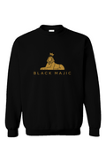 BLACK MAJIC Crown Crewneck in black — filled gold crowned Sphinx over the wordmark, front view