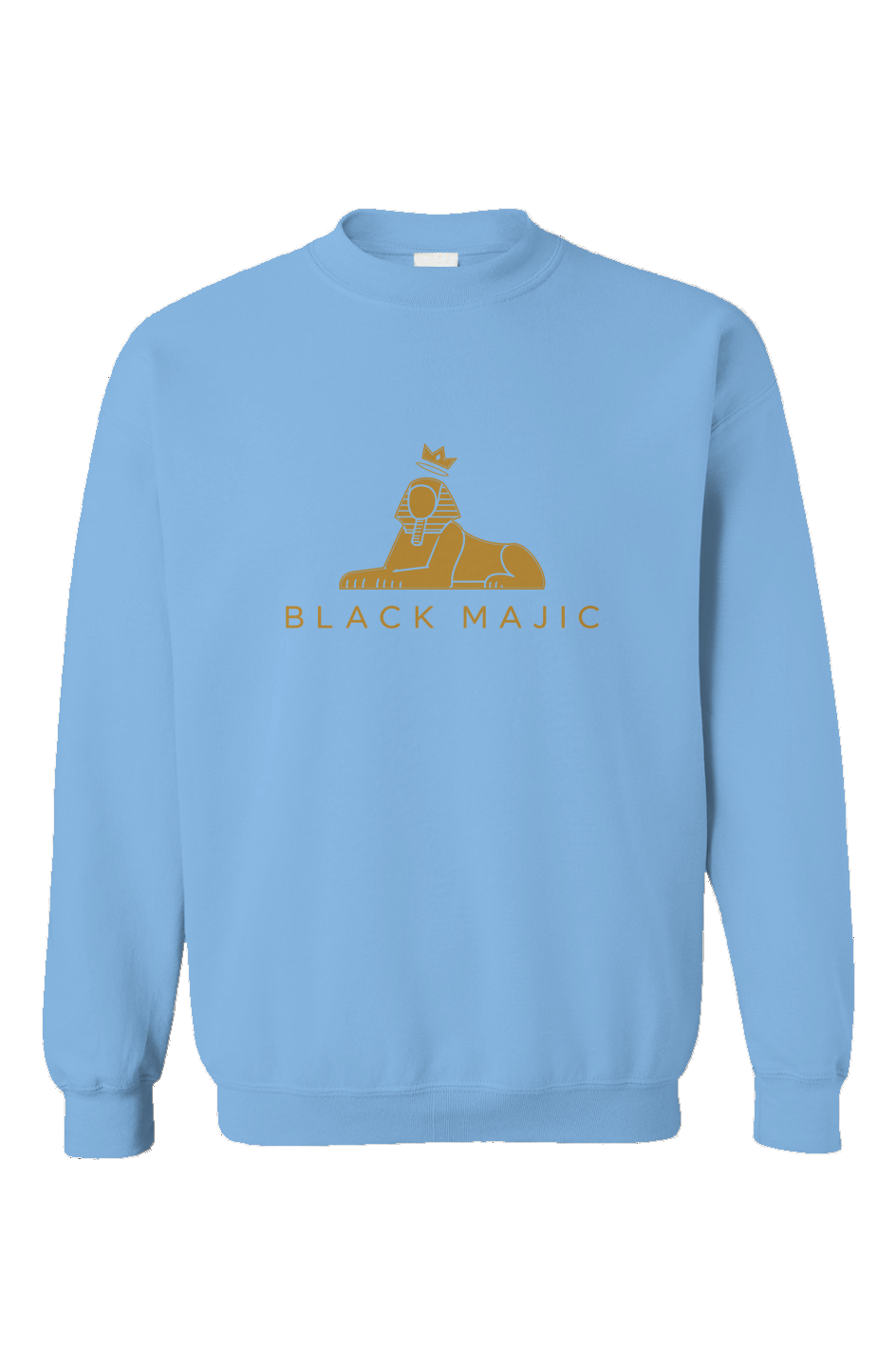 BLACK MAJIC Crown Crewneck in Carolina blue — filled gold crowned Sphinx over the wordmark, front view