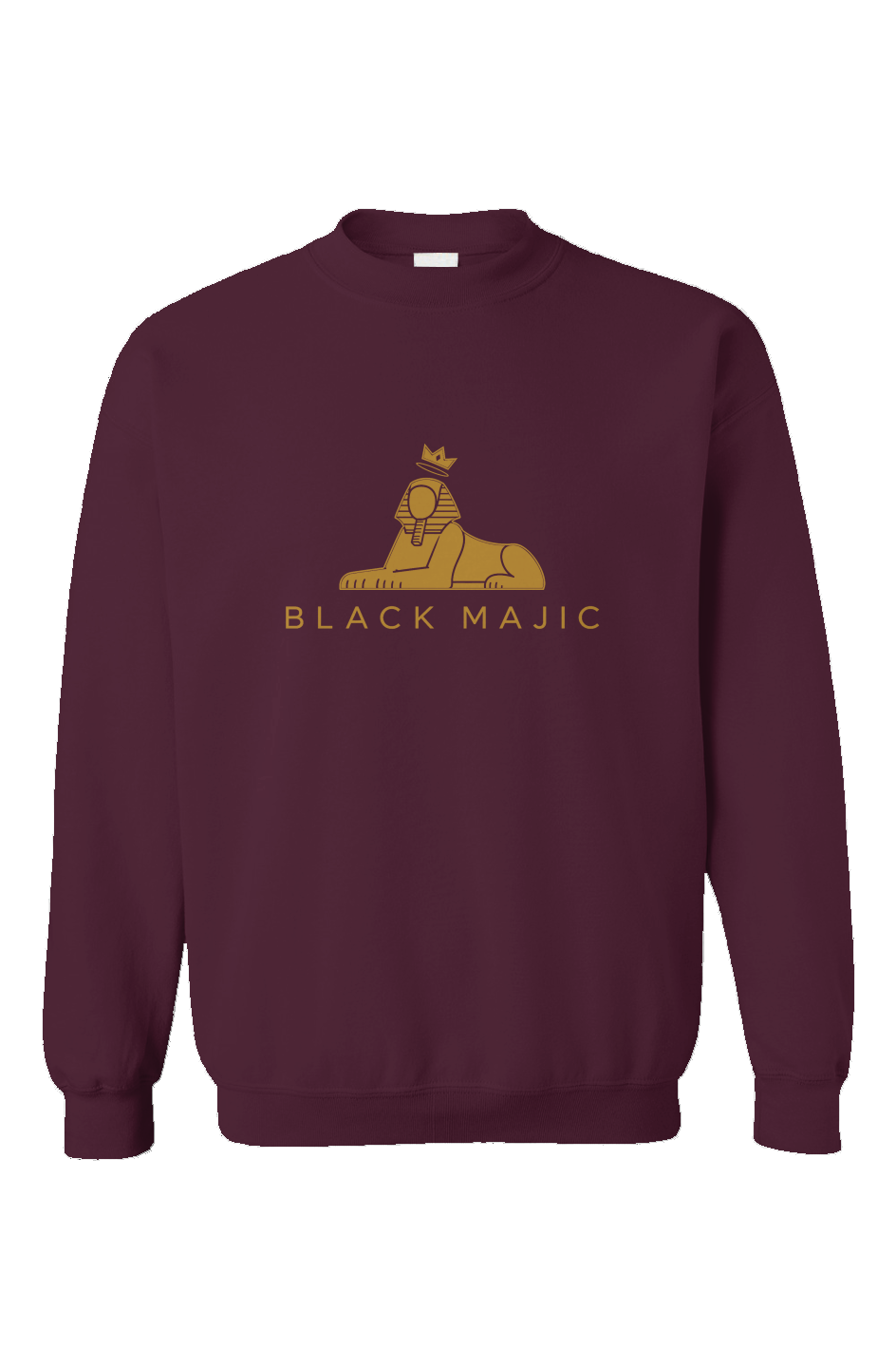 BLACK MAJIC Crown Crewneck in maroon — filled gold crowned Sphinx over the wordmark, front view