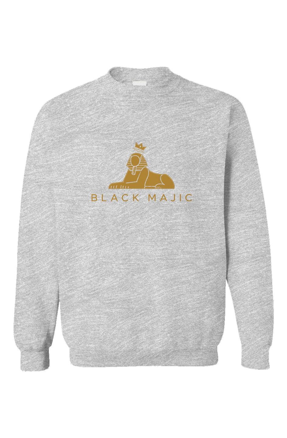 BLACK MAJIC Women's Crown Crewneck in ash grey — filled gold crowned Sphinx over the wordmark, front view
