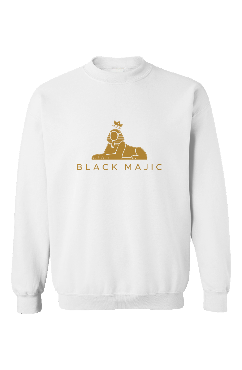 BLACK MAJIC Women's Crown Crewneck in white — filled gold crowned Sphinx over the wordmark, front view