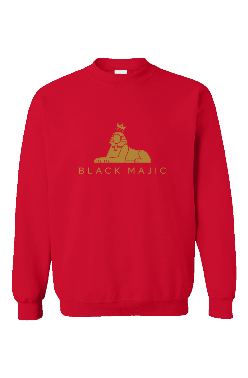 BLACK MAJIC Women's Crown Crewneck in red — filled gold crowned Sphinx over the wordmark, front view