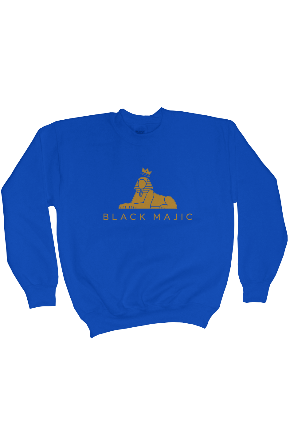 BLACK MAJIC Kids Crown Crewneck in royal blue — gold crowned Sphinx over the wordmark, front view