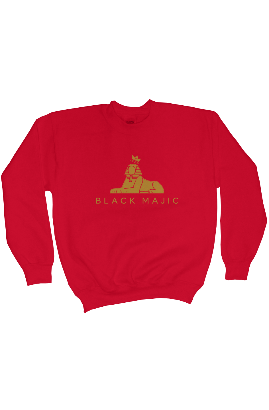 BLACK MAJIC Kids Crown Crewneck in red — gold crowned Sphinx over the wordmark, front view