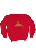 BLACK MAJIC Kids Crown Crewneck in red — gold crowned Sphinx over the wordmark, front view