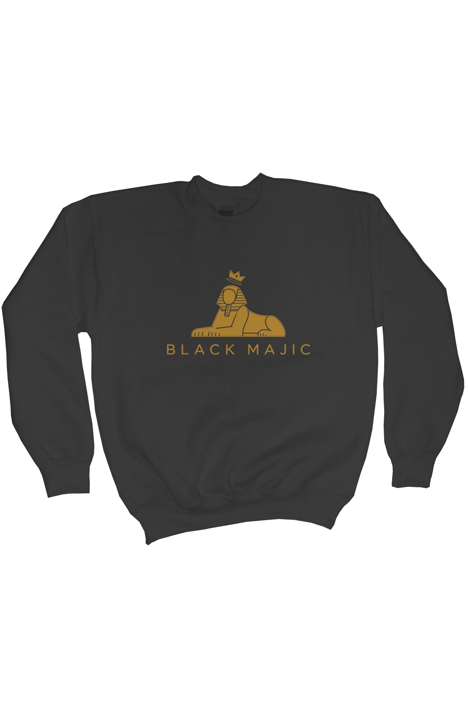BLACK MAJIC Kids Crown Crewneck in black — gold crowned Sphinx over the wordmark, front view