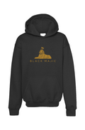 BLACK MAJIC Kids Crown Hoodie in black — gold crowned Sphinx over the wordmark, front view