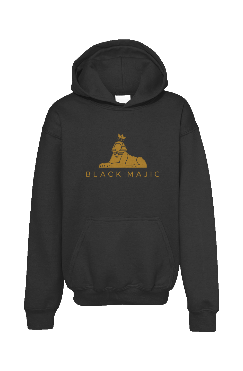 BLACK MAJIC Kids Crown Hoodie in black — gold crowned Sphinx over the wordmark, front view