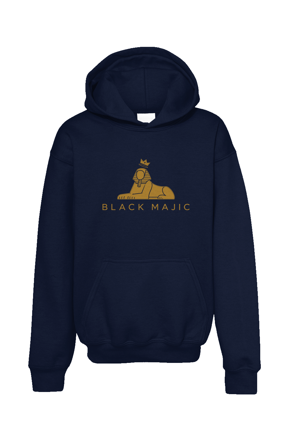 BLACK MAJIC Kids Crown Hoodie in navy — gold crowned Sphinx over the wordmark, front view