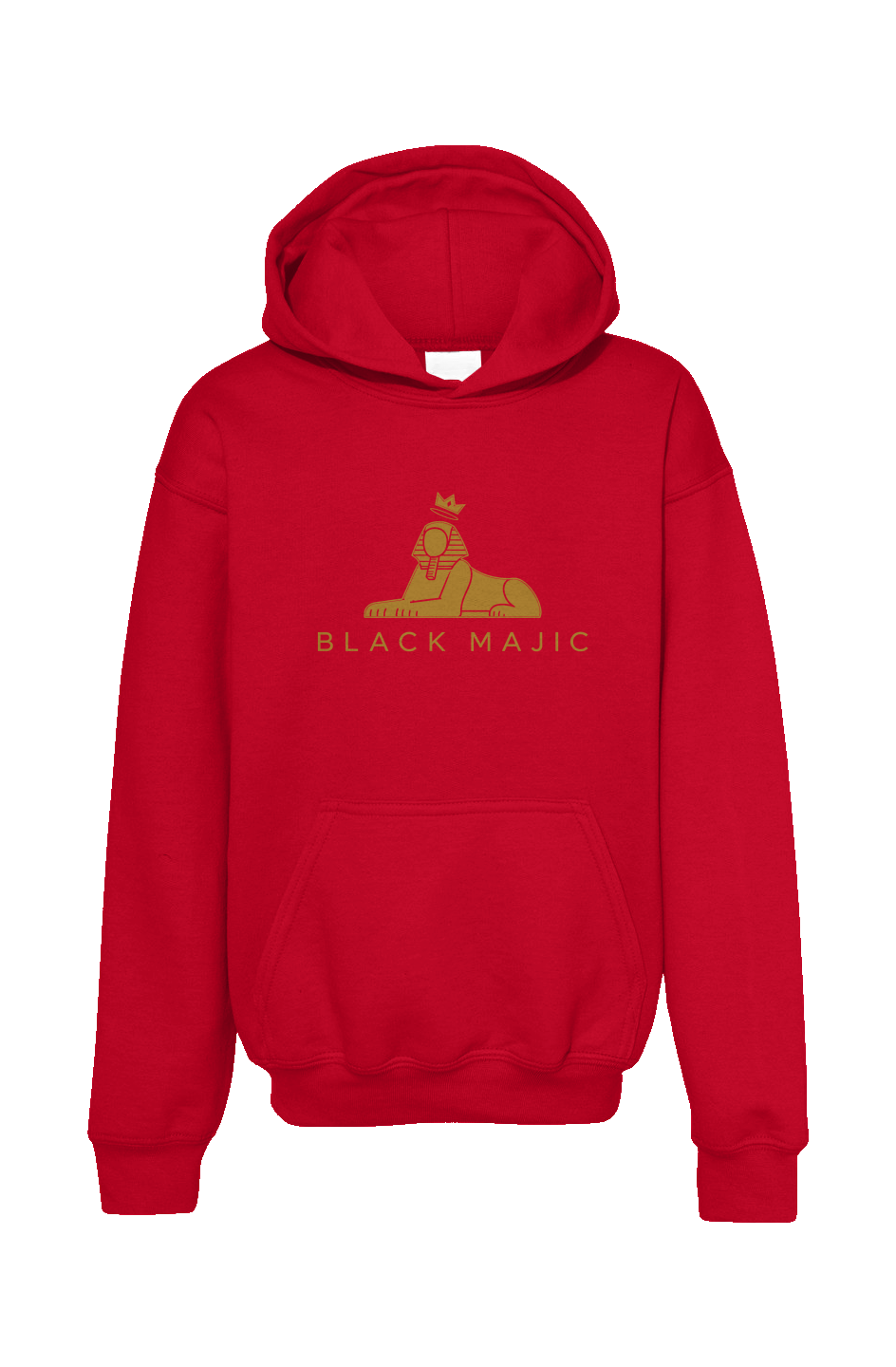 BLACK MAJIC Kids Crown Hoodie in red — gold crowned Sphinx over the wordmark, front view