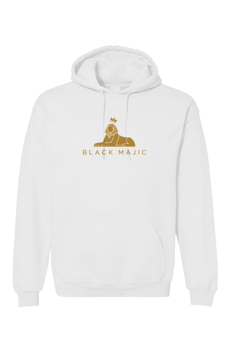 BLACK MAJIC Crown Hoodie in white — filled gold crowned Sphinx over the wordmark, front view