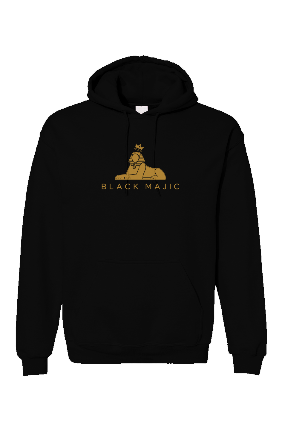 BLACK MAJIC Crown Hoodie in black — filled gold crowned Sphinx over the wordmark, front view