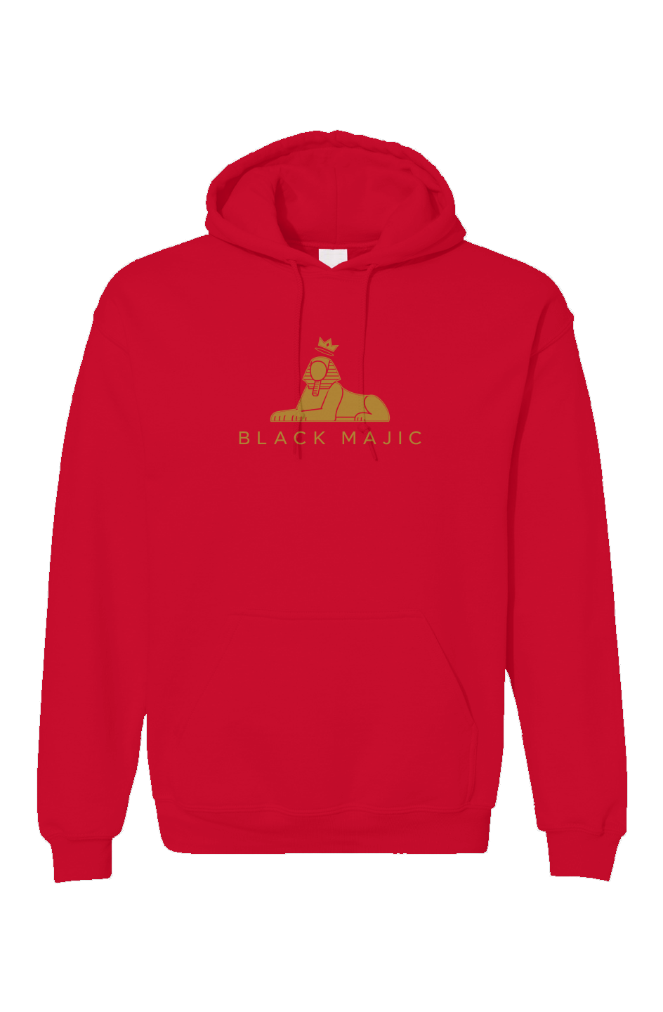 BLACK MAJIC Crown Hoodie in red — filled gold crowned Sphinx over the wordmark, front view