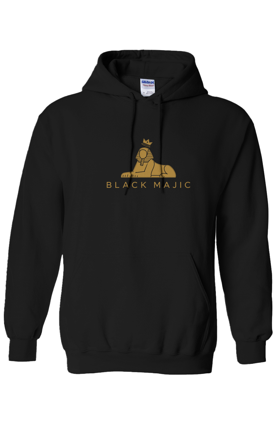 BLACK MAJIC Signature Crown Hoodie in black — crowned Sphinx and wordmark embroidered in gold thread, front view